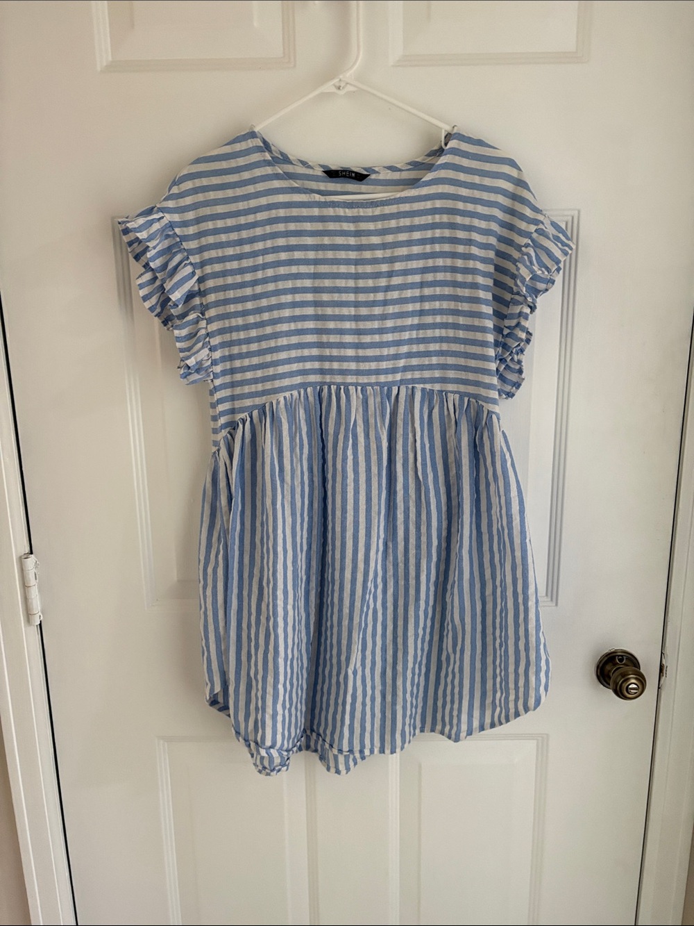 SHEIN Blue and White Striped Ruffle Sleeve Mini Dress